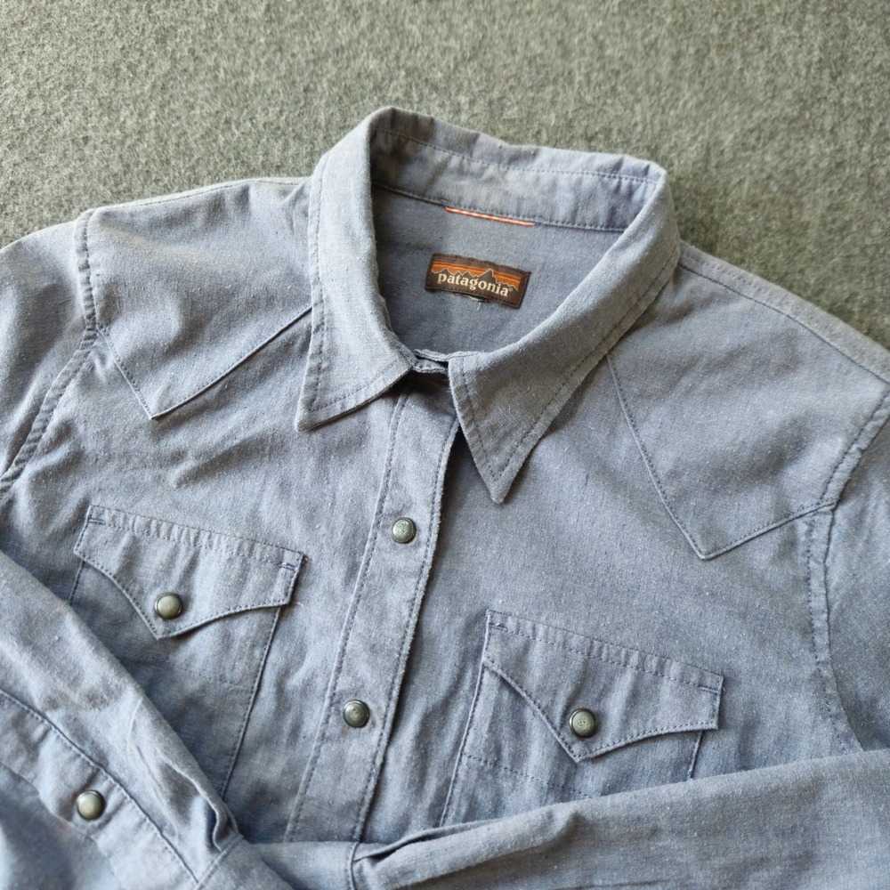 Patagonia Hemp Blend Western Snap Shirt Blue Grey Size Small Outdoor Hike Riding